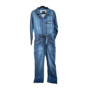 Womens vintage Leeman denim jumpsuit - long sleeve - belted - button up - size L